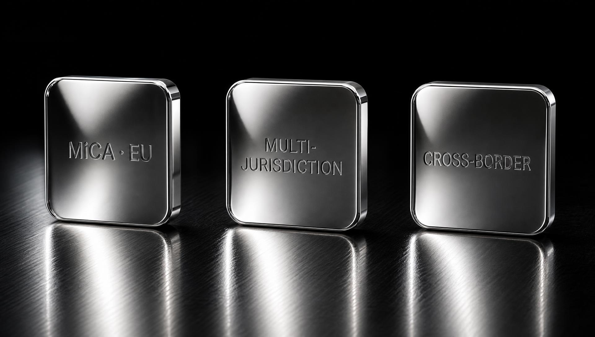 Three engraved chrome blocks: MiCA · EU, Multi-Jurisdiction, Cross-Border